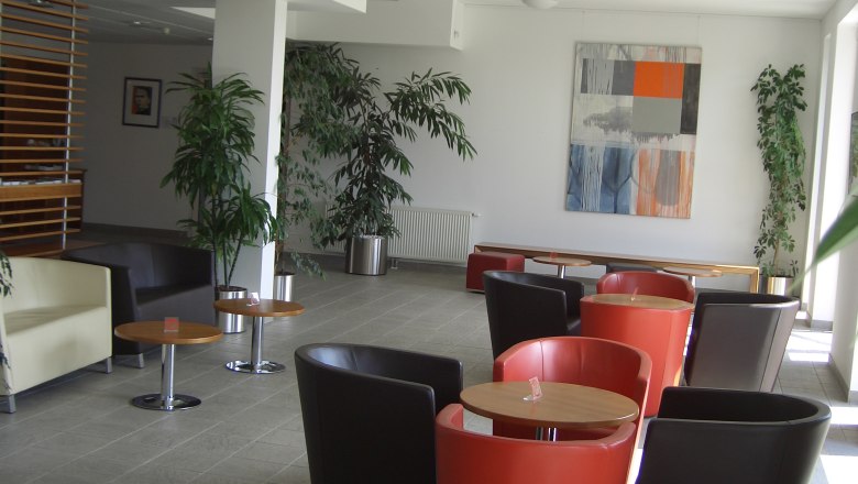 Kolping Campus Krems GmbH, © Kolping Campus Krems GmbH Moderní obývací pokoj s barevnými křesly a rostlinami.