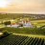 Restaurant & Hotel Neustifter, © Robert Herbst Luftaufnahme eines Hotels inmitten von Weinbergen bei Sonnenuntergang.