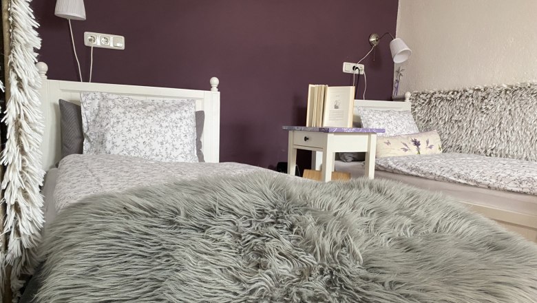 Dvoulůžkov&yacute; pokoj s oddělen&yacute;mi postelemi, fialovou stěnou, dvěma postelemi, nočn&iacute;m stolkem s knihou a huňatou dekou.