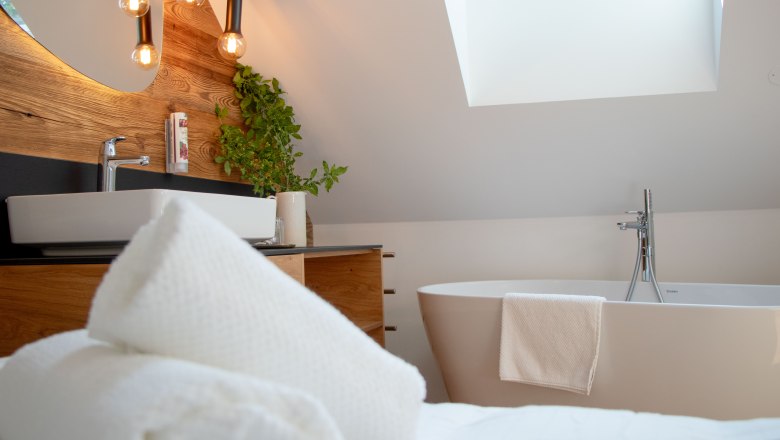 Modern&iacute; koupelna s vanou, umyvadlem, rostlinami a stře&scaron;n&iacute;m oknem.