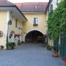 Inner courtyard of a traditional winery with yellow walls, flowers and vines.