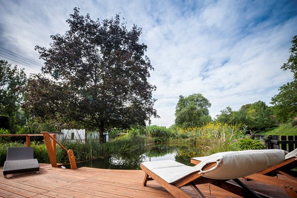 Holzterrasse mit Liegestühlen am Schwimmbiotop, umgeben von Bäumen und Pflanzen.