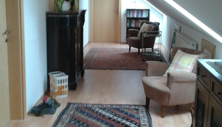 Ein gemütlicher Dachgeschossflur mit Teppich, Pflanzen und Möbeln.