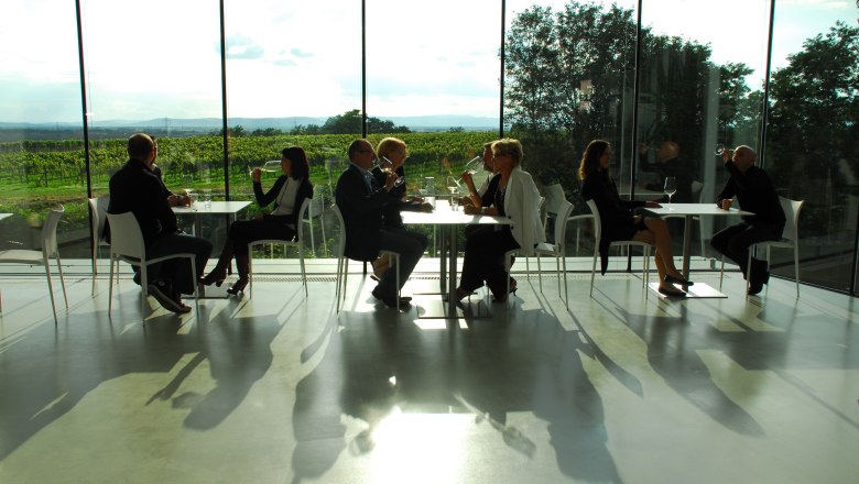 Menschen sitzen in einer modernen Vinothek mit Blick auf Weinberge.