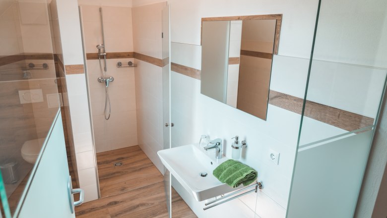 Modernes Badezimmer mit Dusche, Waschbecken und Spiegel.