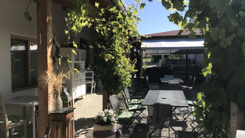 Ein gem&uuml;tlicher Gastgarten mit Tischen und St&uuml;hlen, umgeben von gr&uuml;nen Weinreben und Sonnenschein.
